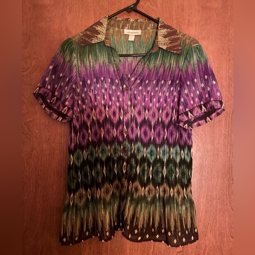 Dress Barn Multi-Colored Collared Blouse - Sz Medium Peacock Colors Green Purple